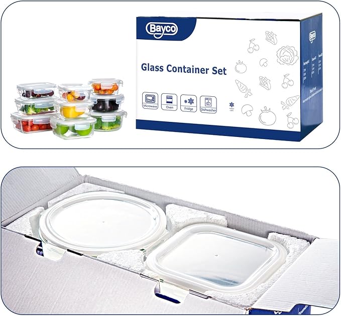 BAYCO Glass Storage Containers with Lids, 9 Sets, Meal Prep Airtight Food Storage Containers for Food Storage with Lids - BPA-Free & Leak Proof