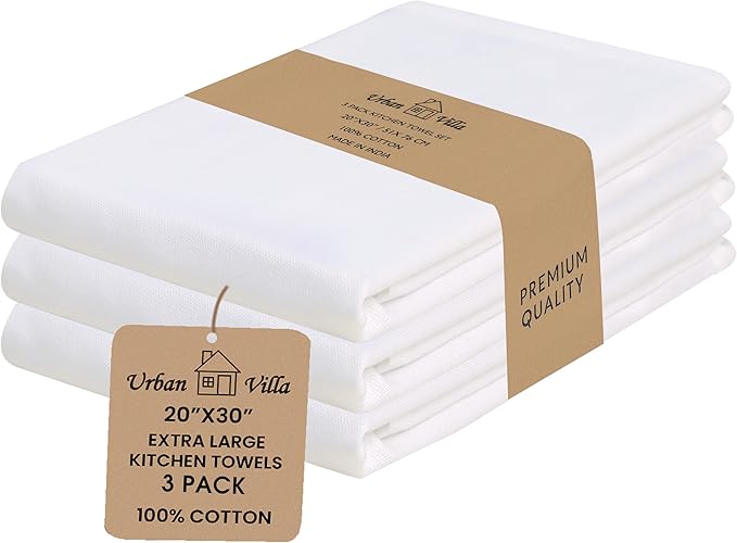 Urban Villa Kitchen Towels 100% Cotton White Color Dish Towels for Kitchen Size 20x30 inches(Set of 3) Highly Absorbent Mutiuse Dish Cloths with Hanging Loop Quick Drying Soft Hand &TeaTowels