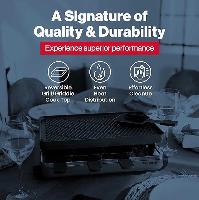 Swissmar Classic 8-Person Raclette Party Grill with Reversible Cast Iron Grill Plate/Crepe Top, Indoor Electric Raclette Grill & Griller - Red
