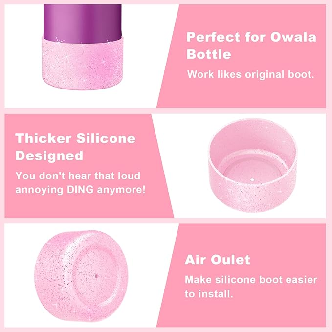 2PCS Silicone Water Bottle Boot for Owala 40oz, Protective Bottom Bumper Anti-Slip Sleeve for FreeSip, Twist, and Flip Stainless Steel Bottles, Dishwasher Safe and BPA Free(Shiny Pink)