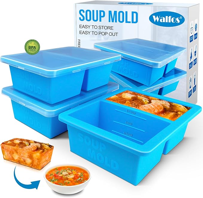 Walfos Silicone Soup Freezer Container, 1.5-Cup Soup Freezer Cube Tray with Lid Prevents Freezer.Soup Freezer Molds.BPA FREE and Dishwasher Safe.Silicone Mold for Soup and Food Storage -blue- 3-Pack