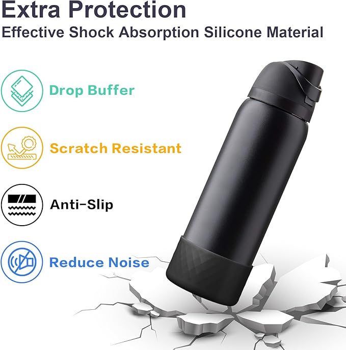 2PCS Silicone Water Bottle Boot for Owala 40oz, Protective Bottom Bumper Anti-Slip Sleeve for FreeSip, Twist, and Flip Stainless Steel Bottles, Dishwasher Safe and BPA Free(Black)
