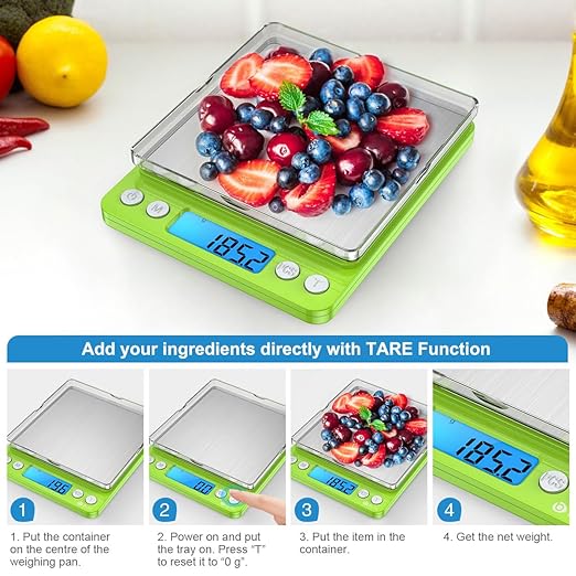 Digital Scale, 3000g, 0.01 Ounces, 0.1 Grams Accuracy Mini Kitchen Food Scale with 2 Trays, Pocket Scale for Jewelry, Coffee, LCD Display, Tare Function, Stainless Steel