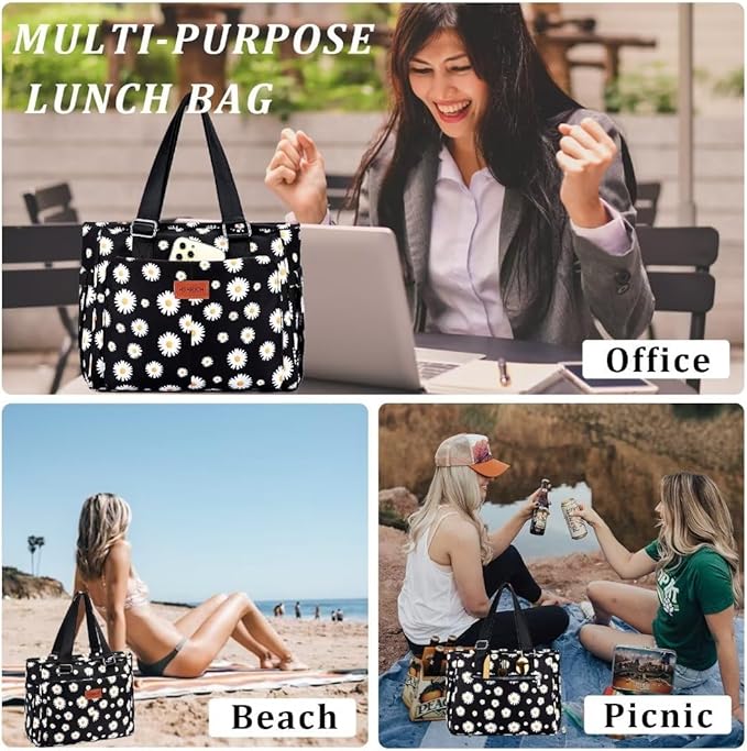Large Women Lunch Bags for Work/Insulated Adult Lunch Box for Women/Leakproof Cooler Lunch Tote Bag with Storage Pocket. Reusable Lunch Cooler Purse for Work Picnic Hiking 14L, Floral
