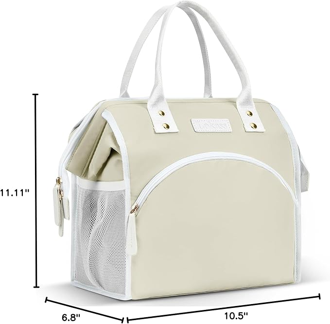 LOKASS Lunch Bag Women Insulated Lunch Box Wide-Open Lunch Tote Bag Large Waterproof Cooler Bag for Work Picnic Hiking Beach（Beige）