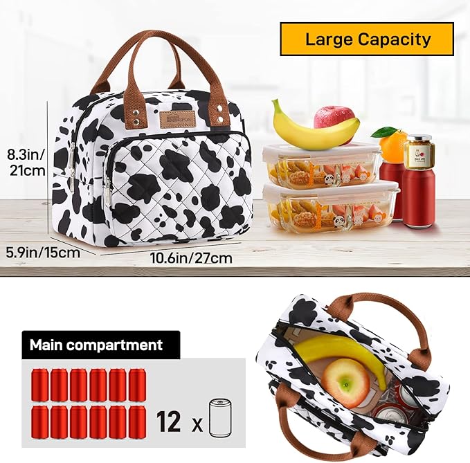 HOMESPON Lunch Bag for Woman Man Adults with Front Pocket Insulated Lunch Tote Lunch Box Container for Work Picnic or Travel(Cow)