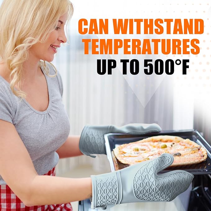 Silicone Oven Mitts, Heat Resistant 2PCS Oven Mitts with Soft Cotton Lining, Waterproof Non-Slip Grip Oven Glove, Kitchen Potholder Mits for BBQ, Baking, Cooking, 12.5 Inch - Grey