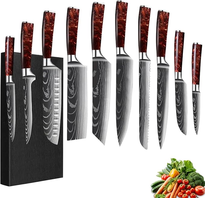 10-Piece Premium Japanese Kitchen Knife Set - Imperial Collection, Laser Damascus Pattern, 440A Stainless Steel Ultra Sharp for Fast Cutting (Red)