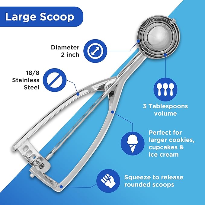 Jenaluca Large Scoop - Ice Cream, Cookie Dough & Cupcake Scooper - 3 tablespoon 1.5 ounce disher #24 stainless steel icecream, batter & baking scoop