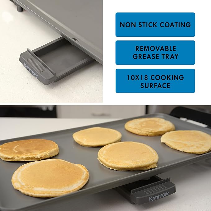 Kenmore Electric Griddle - External Temperature Control, Easy Clean Countertop Cooking Kitchen Appliance Removable Drip Tray, Grill Bacon, Eggs, Pancakes, Crepes, Tortillas, Nonstick 10x18" Pan