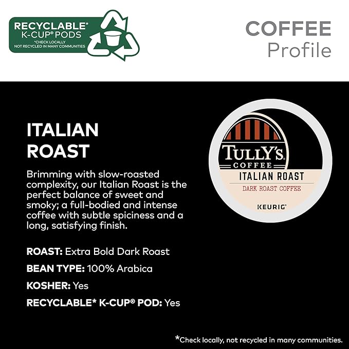 Tully's Coffee Italian Roast Keurig Single-Serve K-Cup Pods, Dark Roast Coffee, 96 Count