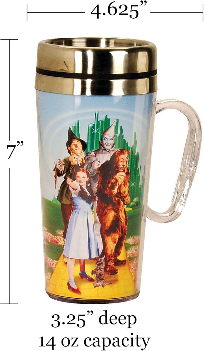 Spoontiques Wizard of Oz Insulated Travel Mug, 14oz - Double Wall Stainless & Acrylic Drink Cup with Twist Top Lid & Handle