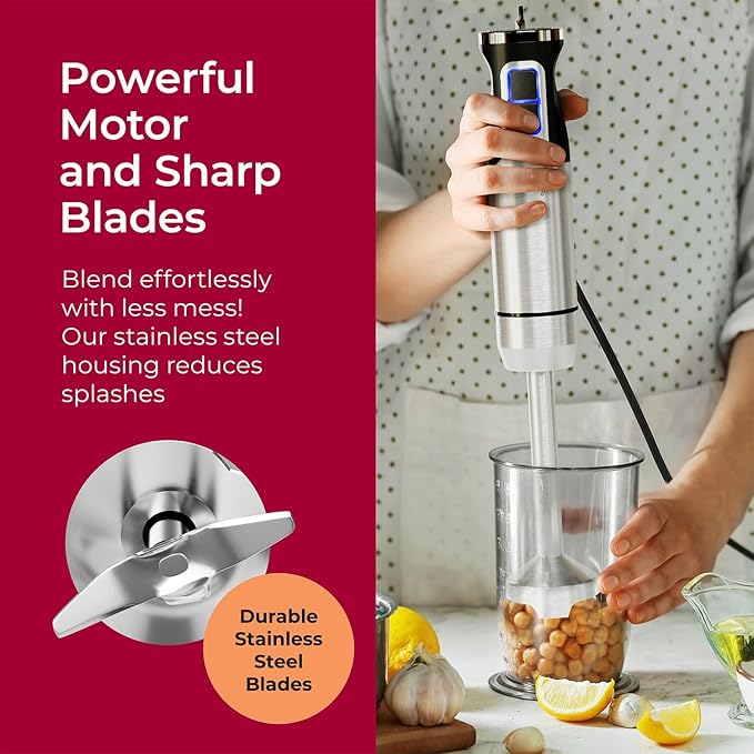 MuellerLiving Immersion Handheld Stick Blender: 8-Speed Stainless Steel Electric, 3-in-1 Turbo Mode for Soup, Smoothies, and Purée.