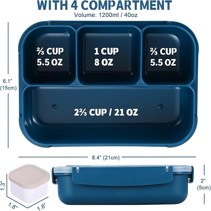Bento Box Adult Lunch Box, Kids Lunch Containers for School with 4 Compartments, with Utensils, Sauce Jar, Muffin Liners, Microwave Safe, Navy