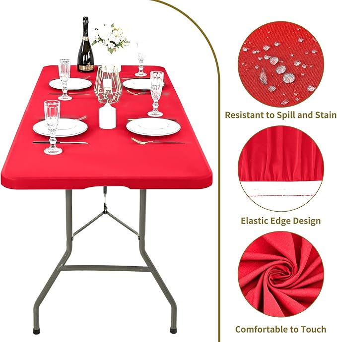6 Pack Stretch Fabric Table Top Cap Cover, fits 6' Tables, Spandex Table Covers Washable Elastic Universal Rectangle Tablecloth Protector for Indoor Outdoor Party Picnic Wedding, Red, 30" W x 72" L