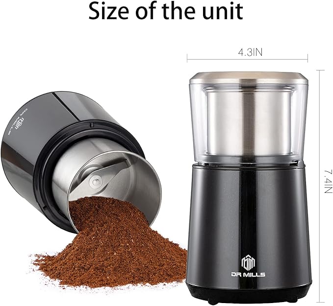 DR MILLS DM-7451 Electric Coffee Grinder, Coffee Bean Grinder Electric Dried Spice, Nut, Herb Grinder, Detachable Cup, Dishwashable, SUS304 Stainless Steel