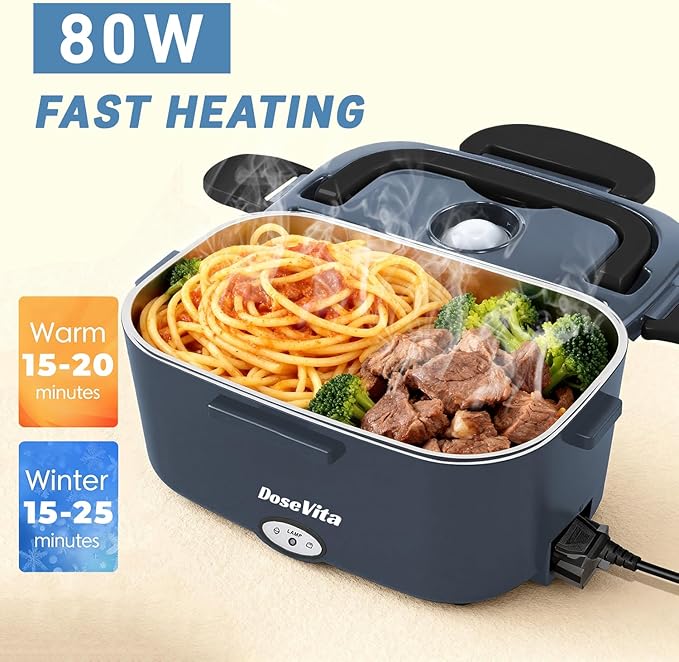 Electric Lunch Box for Adults, 80W Heated Lunch Box, 1.5L Stainless Steel Container | 12V/24V (Car/Truck) & 110V (Office/Home) | with Fork&Spoon and Insulated Carry Bag