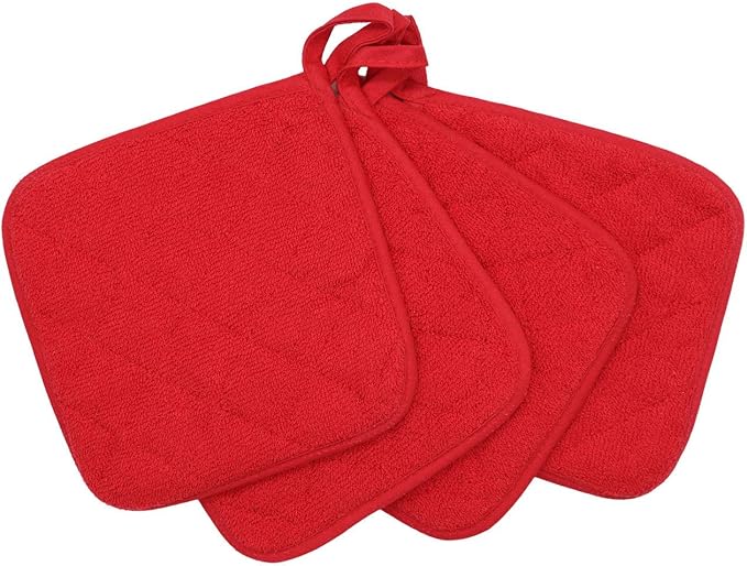 Cotton Pot Holders Cotton Made Machine Washable Heat Resistant Everyday Kitchen Basic Terry Pot Holder, Hot Pads, Trivet for Cooking and Baking Set of 4 (Red)