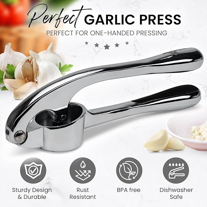 Premium Garlic Press, Garlic Mincer Set of 3 with Silicone Roller Peeler & Cleaning Brush, Extremely Durable Garlic Crusher, Ergonomic Handle, Extracts Most Garlic Paste Per Clove