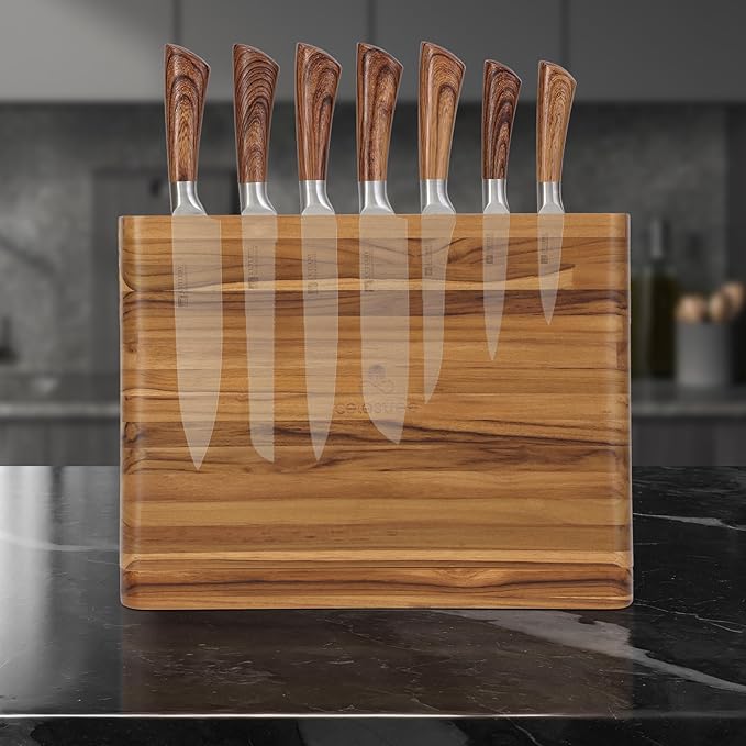 2 - in - 1 Magnetic Knife Block Holder with 16"x11" Cutting Board, Crafted from Premium Natural Teak Wood, Exquisitely Made with Elegant Design, Ideal for Efficient Kitchen Knife Storage