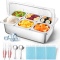 Stainless Steel Ice Food Serving Display Container 6 Pans 3 Ice Packs Cooled Condiment Dispenser Cold Serving Appetizer Buffet Organizer (6 Pans)