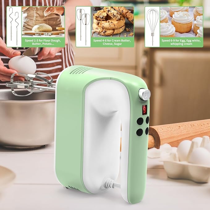CBQ Hand Mixer Electric, 9 Speed 400W Handheld Mixer with Digital, Touch Button, Turbo, Snop-On Storage Case, 5 Stainless Steel Accessories, Mixer Electric Handheld for Cake, Cookie, Egg (Grass Green)