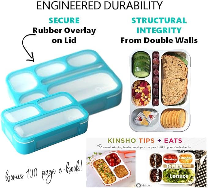Bento-Box Lunch Box & Portion Control Snack Container Set, Leakproof Lunch-Boxes, Containers for School Meal Prep, Kids Boys Girls Adults, BPA Free, Utensils, Blue Large and MINI 2 pack