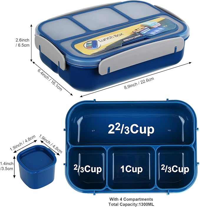 MaMix Bento Lunch Box Adult, Kids, Lunch Containers for Adults/Kids/Students,1300ML-4 Compartment (blue)