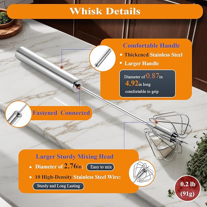 Stainless Steel Semi Automatic Whisk Egg Beater Whizzy Whisk, Hand Push Blender Kitchen Mixer Wisking Tool for Blending Cooking Gadgets(10in)