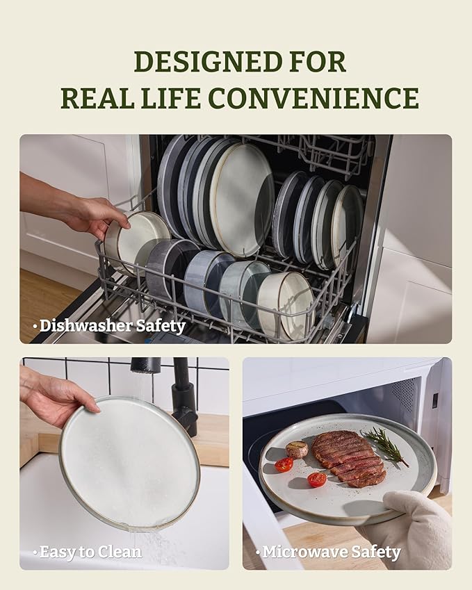 Famiware Annecy Plates and Bowls Sets, Service for 4 (16 Pieces), Dinnerware Sets with Pasta Bowls, Microwave and Dishwasher Safe Dishes Set, Chip and Scratch Resistant, Grey-White