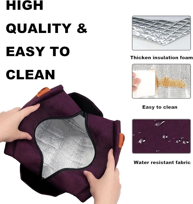 Joymee Lunch Bag Women Insulated Lunch Box Reusable Leakproof Large Spacious Cooler Tote for Women Men Adult with Bottle Holder and Side Pockets for Work Office Travel Picnic - Dark Purple