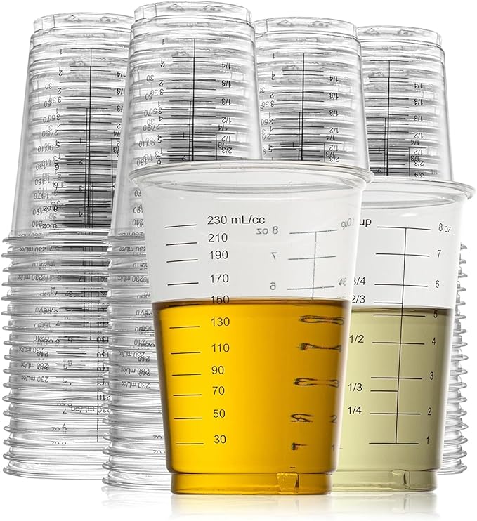 Prestee 50 Disposable Measuring Cups 8 oz - Plastic Paint Measuring Cups and Disposable Mixing Cups for Epoxy Resin - Versatile, Clear Measurement for Wet and Dry Ingredients for Baking and Crafting