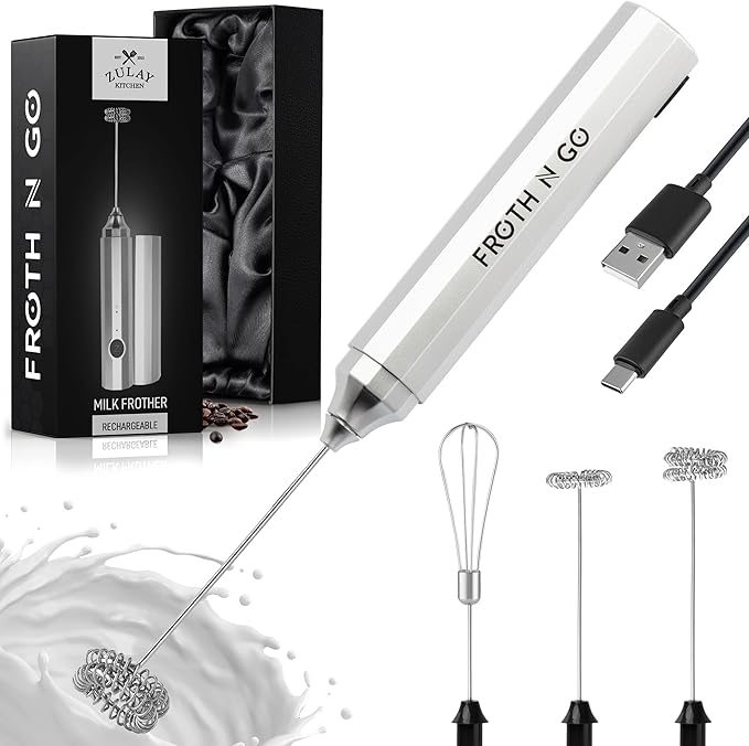 Zulay Froth N Go Milk Frother Rechargeable - 3-in-1 Frother Wand With Case & USB-C Charger - Comes With 3 Whisk Attachments for Latte, Cappuccino, Matcha, Protein Shakes - Silver