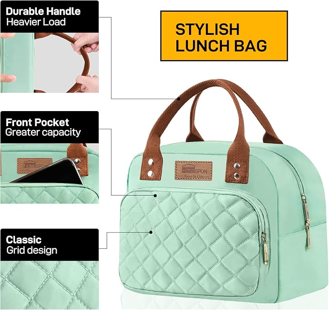 HOMESPON Lunch Bag for Woman Man Adults with Front Pocket Insulated Lunch Tote Lunch Box Container for Work Picnic or Travel(Green)