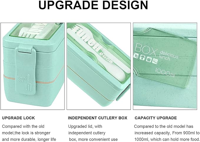 Iteryn Stackable Bento Box Kit, 3-Compartment Japanese Lunch Containers, Wheat Straw, All-in-1 Bento Lunch Box for Adult Meal Prep Snack