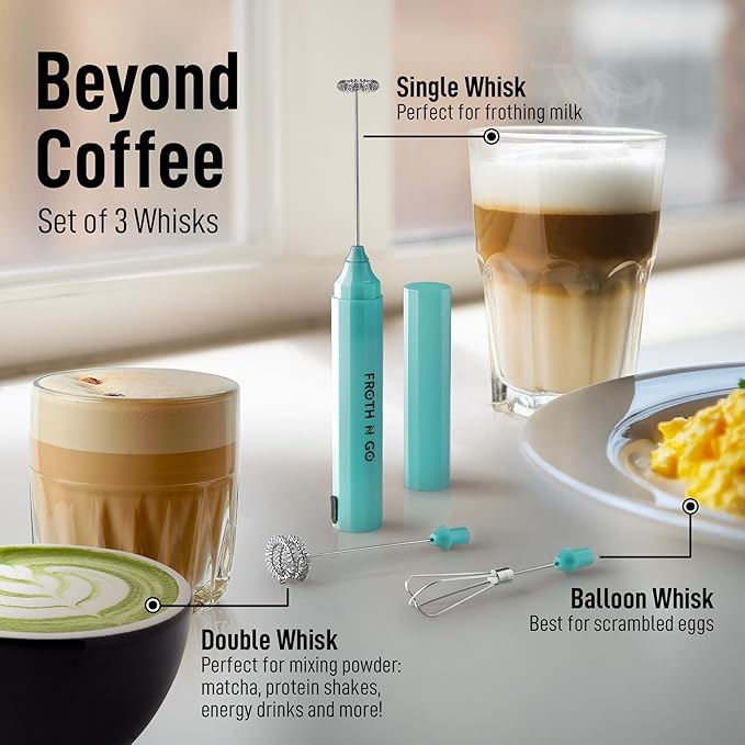 Zulay Froth N Go Milk Frother – Rechargeable 3-in-1 Handheld Frother Wand with Travel Case & USB-C Charger – Single, Double & Egg Whisk for Latte, Cappuccino, Matcha, Protein Shakes – Aqua