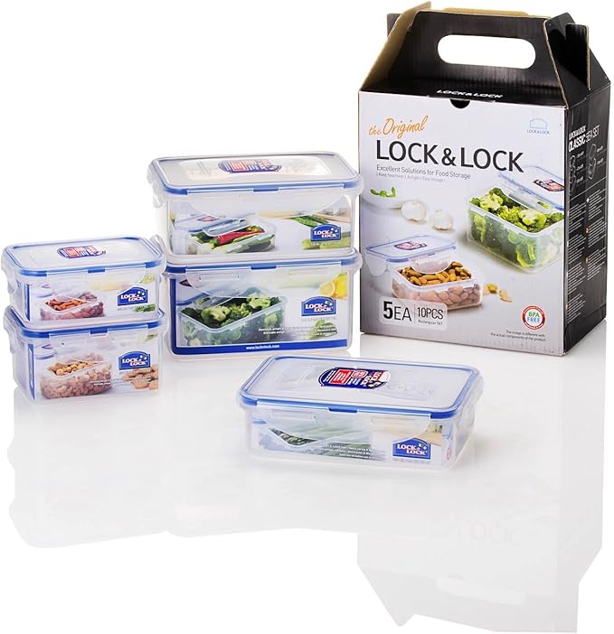 LocknLock Easy Essentials Food Storage lids/Airtight containers, BPA Free, 10 Piece, Clear