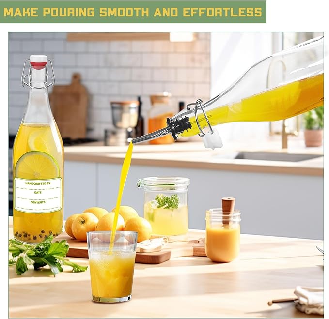 6 Pack [0.48 Liter / 16 fl. oz.] Swing Top Glass Bottles – Airtight Flip Top Brewing Bottles for Kombucha, Beer, Wine, Kefir, Soda, Liquor – Includes Funnel, 2 Pourers, 6 Seals, 8 Labels & Jute Twine