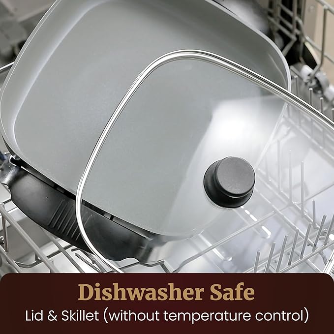 Elite Gourmet 12" x 12" x 3” Ceralast™ Ceramic Non-stick PFAS Free, Dishwasher Safe Electric Skillet, Xtra Deep Dish, Rapid Heat 1200W, Black