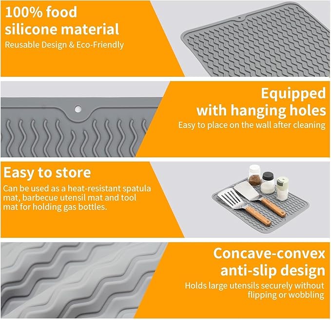 Blackstone Griddle Accessories Silicone Grill Side Shelf Tool Mat, Outdoor BBQ Spatula Mat, with Drip Pad Kitchen Countertop Heat Resistant Mat (Grey)