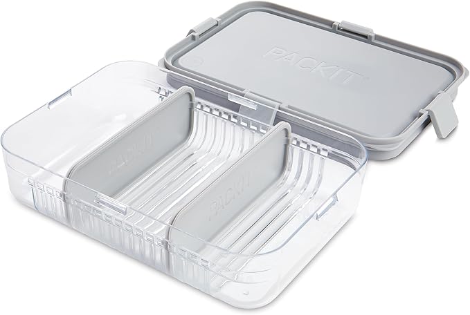 PackIt Mod Lunch Bento Food Storage Container, Steel Gray, Shatterproof Crystal Clear Base, with Leak-resistant Dividers and Lid, Microwavable, Dishwasher Safe, Perfect for Meal Prep