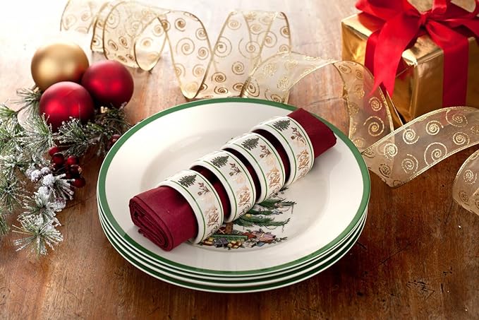Spode Christmas Tree Gold 2.75" Napkin Ring (Set of 4) - Elegant 22K Gold Accented Holiday Napkin Rings, Fine Porcelain Christmas Table Setting Décor - Ideal for Holiday Dinnerware & Festive Gifting