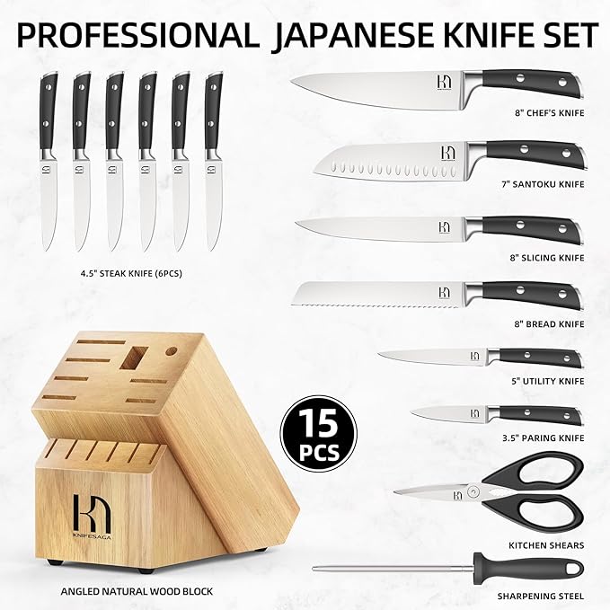 Knife Set with Block, Japanese 15 PCS Ultra Sharp Ktichen Knives Set, High Carbon Stainless Steel Knife Block Set with Sharpener, Professional Knives with Ergonomic Handle for Home Chefs