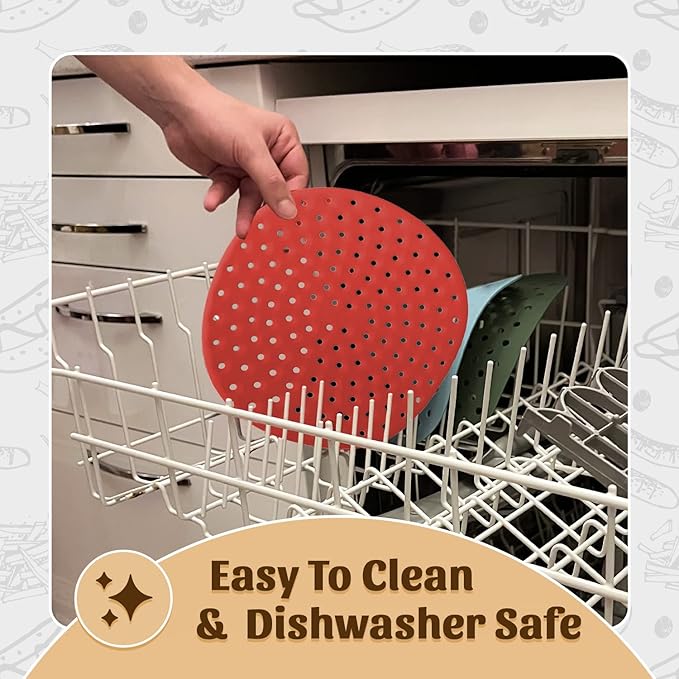 Reusable Round Silicone Air Fryer Liners (9 Inch, 3 Pack) by Linda’s Essentials - Non-Stick, Easy-Clean Accessories with Cheat Sheet & Recipe Book, Perfect for Quick Meals