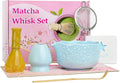 6pcs Matcha Whisk Set Includes Resin Matcha Whisk,Ceramic Matcha Bowl Set and Sifter,Matcha Whisks Holder,Natural Bamboo Spoon and Tea Towel for Matcha Starter Kit Lovers (Blue)