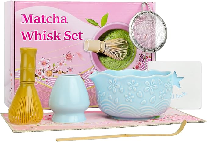6pcs Matcha Whisk Set Includes Resin Matcha Whisk,Ceramic Matcha Bowl Set and Sifter,Matcha Whisks Holder,Natural Bamboo Spoon and Tea Towel for Matcha Starter Kit Lovers (Blue)