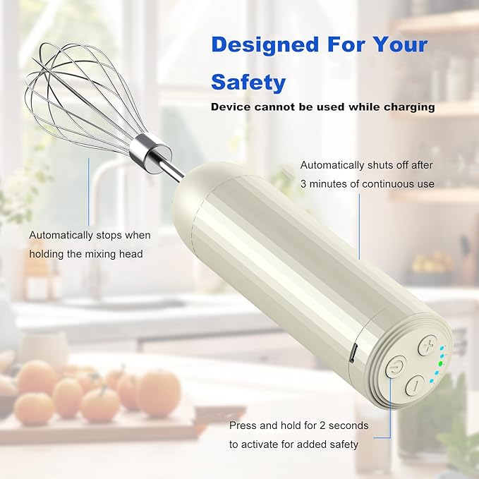 Cordless Hand Mixer MixgoII, Handheld Mixer Electric Whisk & Milk Frother, Hand Held Mini Mixers, Rechargeable Hand Mixer and Whisker, Food Processor for Cooking, Food Chopper, 4-Speed, 10Oz