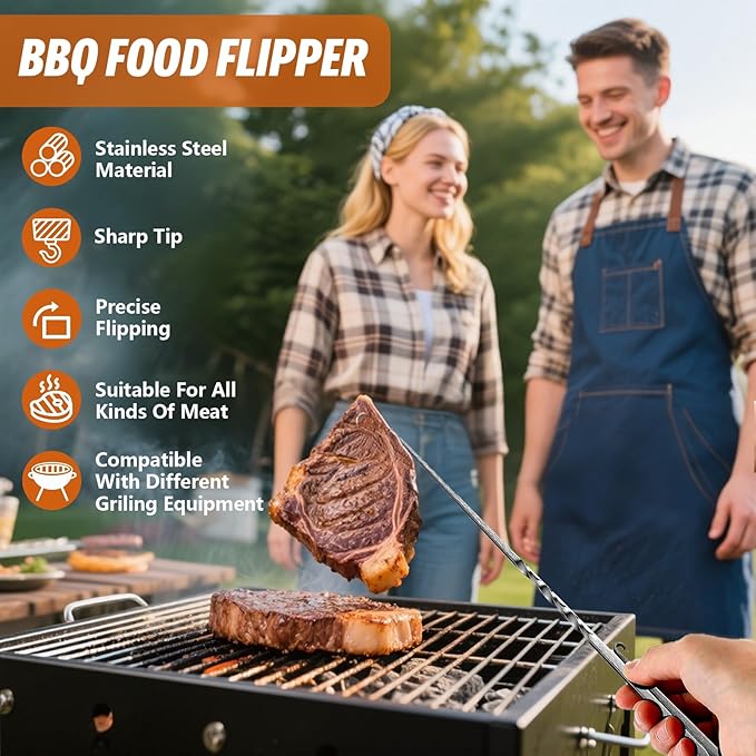BBQ Turner Hooks, Meat Hook Flipper, Iron BBQF Turner Hooks, Flips Cooking Hooks, BBQ Food Flipper, for Grilling Smoking Frying, Long Handle Meat Hooks (Type A)