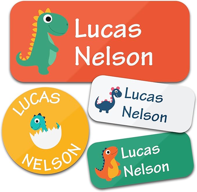 Personalized Daycare Name Labels for Kids (130 Labels) - Custom Waterproof Name Stickers for Clothing Tags, Water Bottles, Lunch Boxes and School Supplies (Dinosaurs)