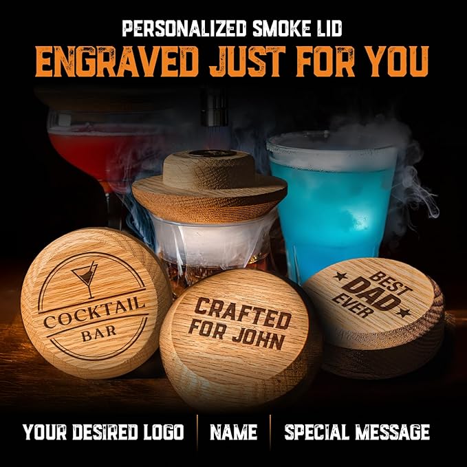 Personalised Whiskey Smoker Kit with Torch & Butane with Oak Wood Chips - Custom Engraved Smoke Lid for Bourbon & Old Fashioned Cocktails - Unique Whiskey Gifts for Men - Fits Various Glasses